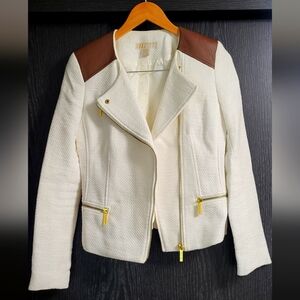 White and Brown Textured Blazer with Notched Lapel
